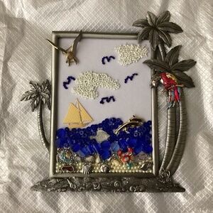 Handcrafted ocean beach jewelry art framed seagull crab shells sailboat dolphins